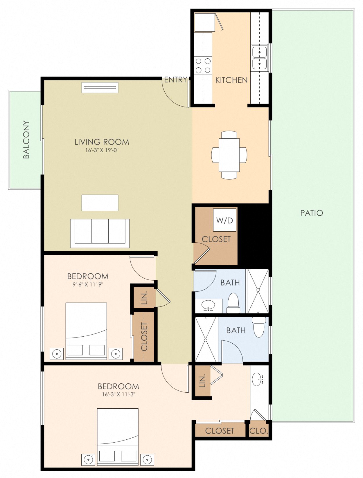 Floor plan for 2 beds, 2 baths, 1083 sqft
